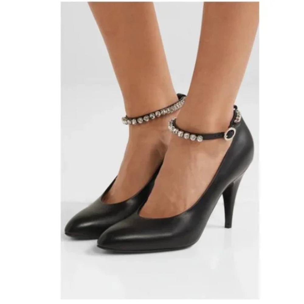 Gucci rhinestone strap black leather heels -36.5